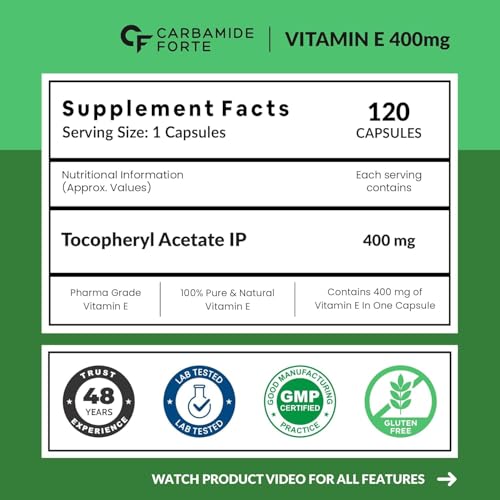 Image of Carbamide Forte 400mg Vitamin E Capsules for Face and Hair | 100% Natural Vitamin E Supplement with Vitamin E Oil | Paraben Free - 120 Capsules