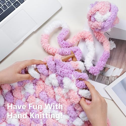 Image of Cozyful Chunky Yarn for Hand Knitting - #10 Chunky Chenille Blanket Yarn, Jumbo Big Thick Chunky Yarns for Crocheting, Tie Dye Bulky Knit Yarns, 8 Skein (20 yds 8 oz Each Skein), Purple&Pink&White
