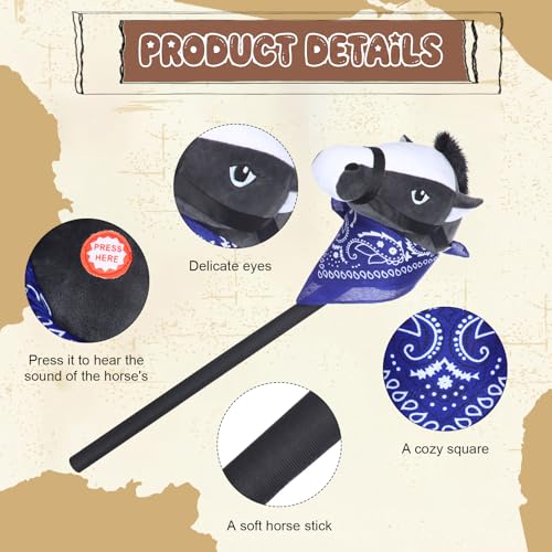 Image of Poen 4 Pack Light Brown Horse Stick with Sound Red Bandana Set 27.6'' Toys Stick Horse Western Cowboy Bandana Head with Neighing Sound for Boys Girls Fun Pretend Games Son Daughter (Black and Blue)