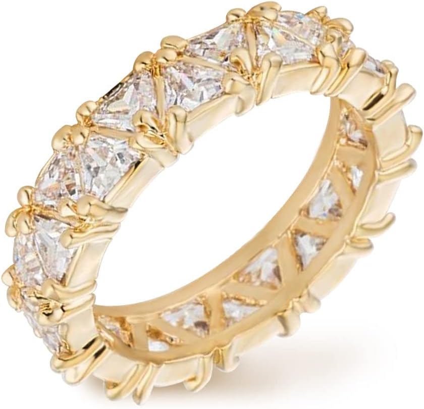 IVY & BAUBLE Trillion Cut Simulated Diamond Eternity Rings for Women in 14K Yellow Gold or White Gold Plating, Stackable, 4.5mm, Size 5 to 10