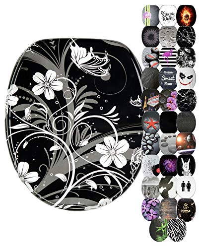 Sanilo Abattant WC, Grande sélection de lunettes de toilette noirs, Finition de haute qualité, Charnières robustes, Fixation facile (Fleur blanche)