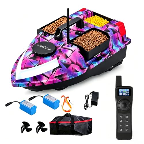 ClouGlow Bait Boat, The Latest RC Bait Boat with Water Depth & Temperature Detect, Auto-Return GPS Boat, 546yds Control, 3 Bait Tanks, 4H w/Extra Battery for Lake & River Fishing