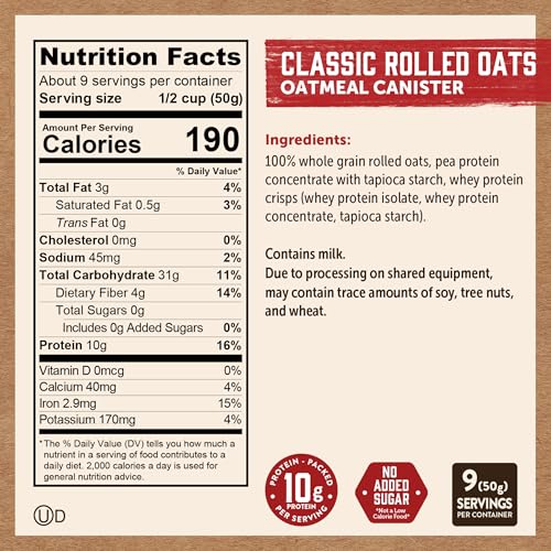 Kodiak Cakes Oatmeal Canister, Rolled Oats, High Protein, 100% Whole Grains (12 canisters)