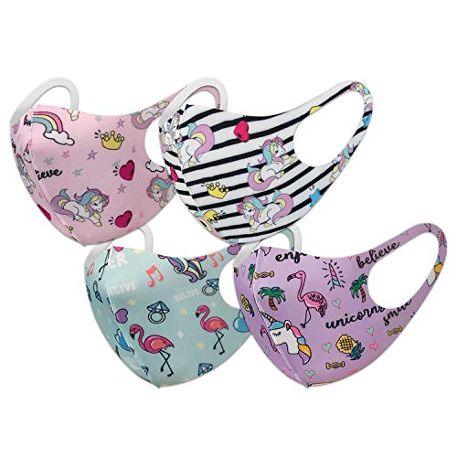 Kids Reusable Washable Face Bandanas Protective Covering For Children 4 Pieces Set (Unicorn 4 Set KM61, 65, 60, 62)