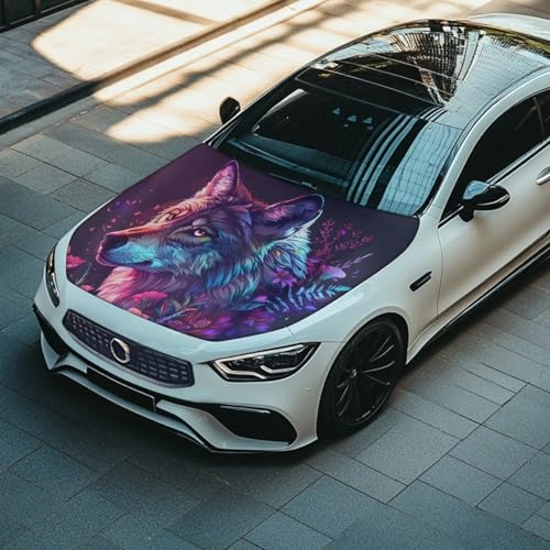 Image of Wolf Head Print Car Hood Cover Elastic Polyester Cover for Car Hood Washable Automotive Accessories Easy Installation for Car Hood Protection and Decoration