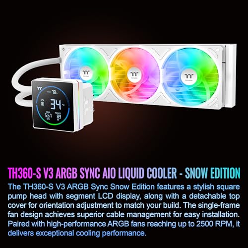 Image of Thermaltake TH360-S V3 ARGB CPU Liquid Cooler; Intel /AMD; 1x360mm 500~2500rpm Single Frame ARGB Fan; 3.95 inch Segment Code LCD; Rotatable Pump Head; TT Segment LCD Software; Snow; CL-W472-PL12SW-A