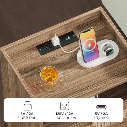 SUPERJARE 2 Drawer Night Stand with Charger Station, Boho Rattan Nightstand Set of 2, 25.2 Inch Tall Bed Side Table with Solid Wood Feet, End Table, Open Storage, Synthetic Rattan, Walnut