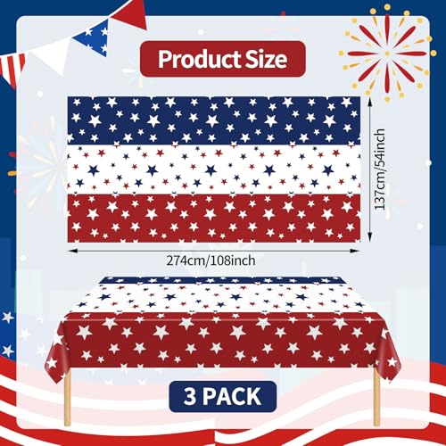 Image of Gistome 3 Pack 54 x 108 Inch 4th of July Plastic Tablecloths, Red White Blue Stars Disposable Rectangle Table Covers for Independence Day Memorial Day Party Decorations