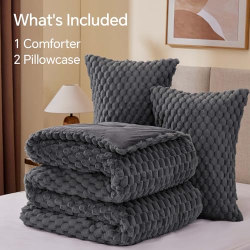 Image of BEDELITE Fluffy Oversized Queen Comforter Set, Grey Fleece Bed Set 3 Pieces