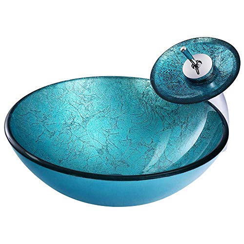 HomeLava Modern Lavabo en verre rond Plan vasque en verre trempé turquoise avec robinet à cascade
