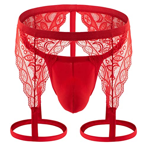 Men Jockstrap Thong Lace Belt Lingerie See Through Pouch Lightweight Underwear Sexy Breathable Hollow Briefs G String Red