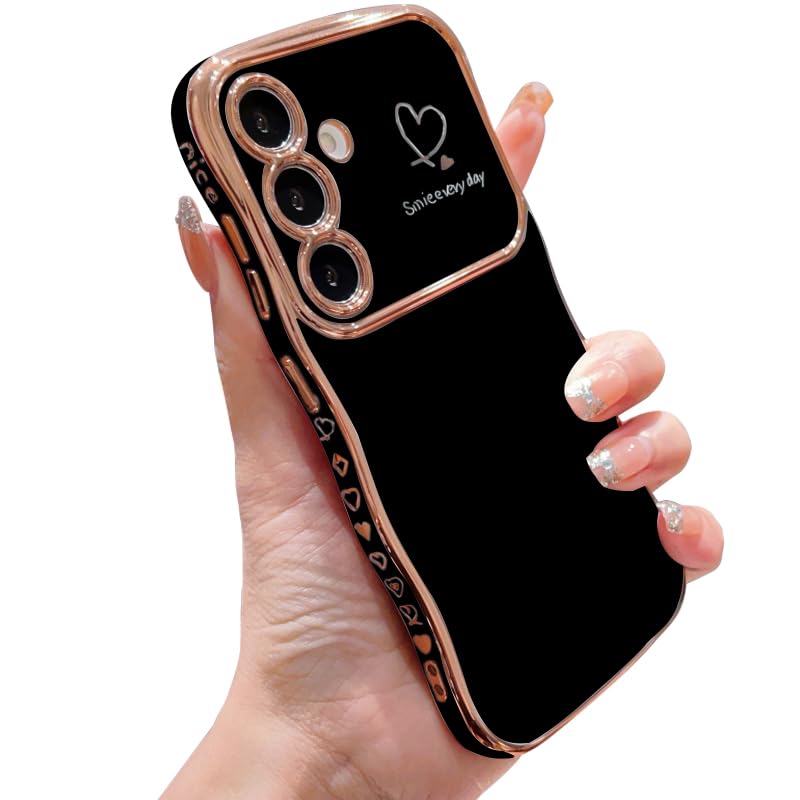 IDweel for Galaxy S24 Case for Women Girls, Luxury Cute Wave Frame Curly Shape with Love Heart Raised Camera Protection Sl...
