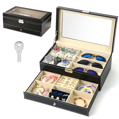FZYCOM Caja para Relojes con 6 Ranuras, Estuche Relojes Hombre, Relojero Organizador Hombre, Organizador para Gafas de Sol, Joyero Hombre con Tapa de Cristal Transparente, Doble Capa con Cerradura