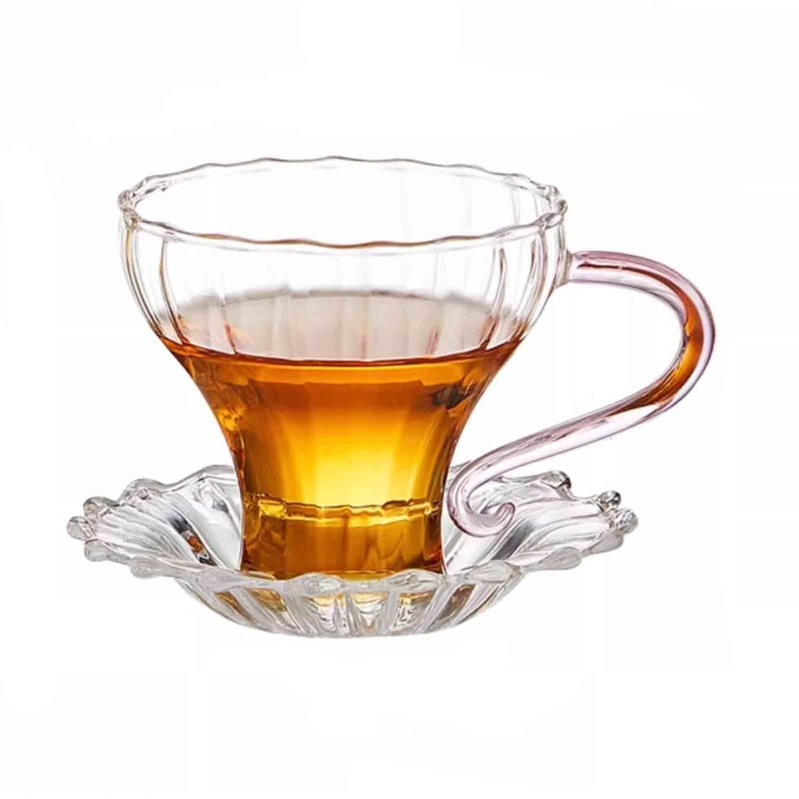 Taza de café transparente de 160 ml con plato y asa rosa para té