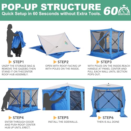 Image of COBIZI 6x6 FT Pop up Gazebo, Popup Canopy Tent, Waterproof Screened in Gazebos,Portable Outdoor Small Screen Tents Sun Shelter,carpas para Patio for Camping, Garden and Backyard,Blue