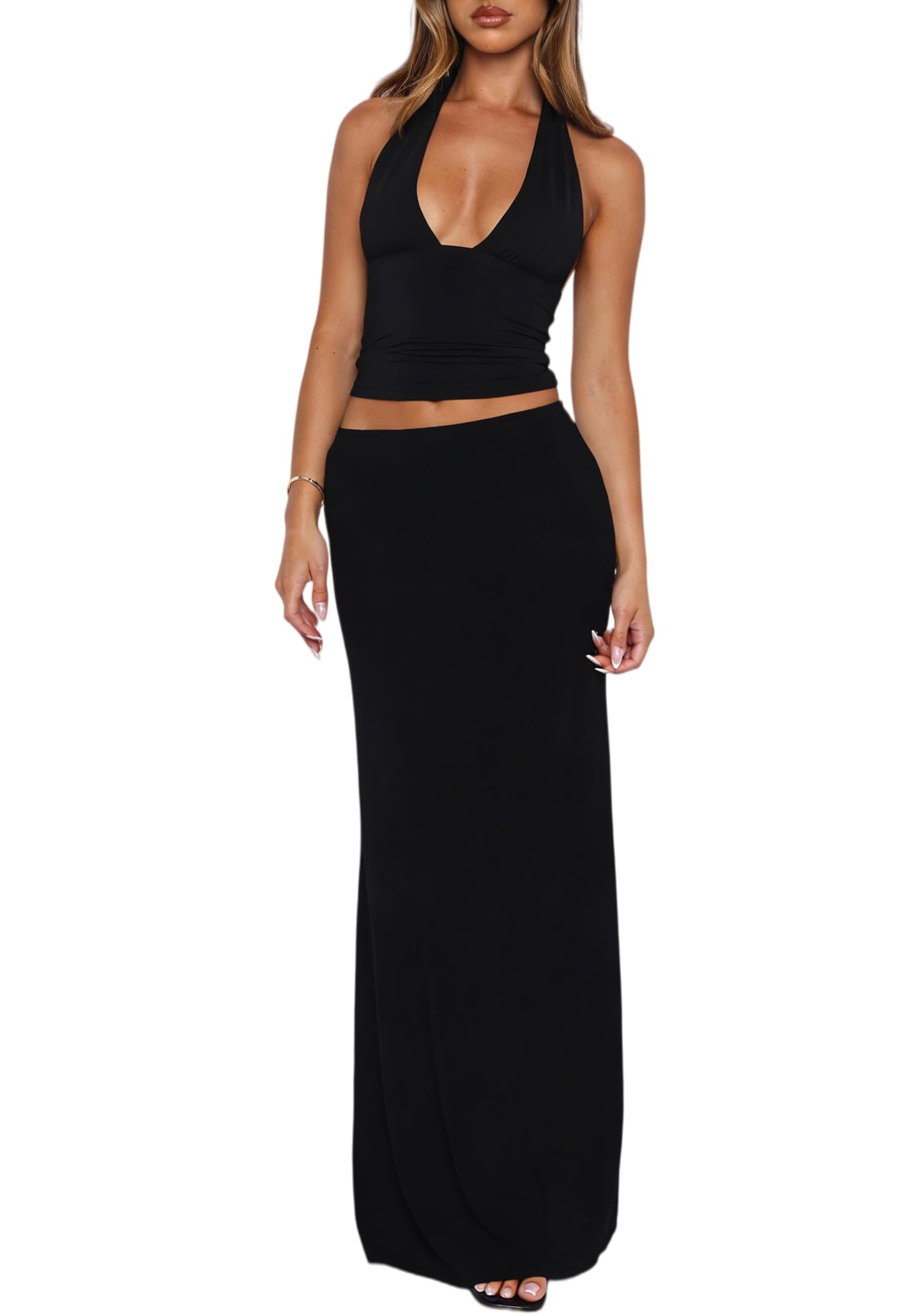 Photo 1 of Lybiogs Women's Two Piece Halter Maxi Skirt Set - Black M