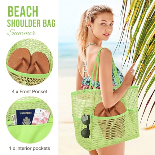 Image of KPX Beach Bag with Mini Pocket, Beach Tote Bags for Women Large Foldable Mesh Swimming Pool Travel Bags - Sandproof