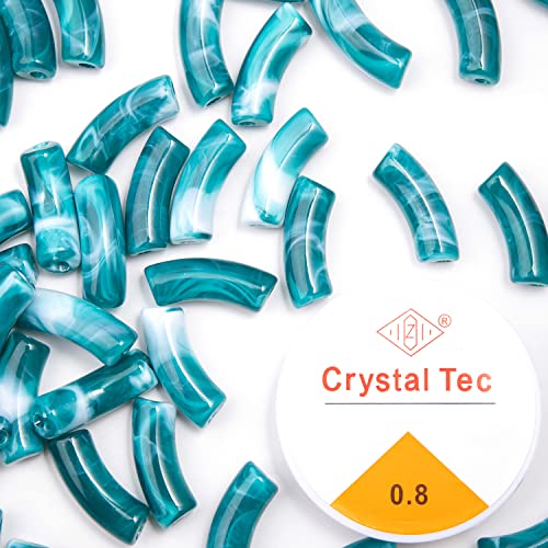 72 Pcs Acrylic Chunky Tube Beads For Bracelets Making Peacock Blue Colors Curved Bamboo Tube Beads Chunky Noodle Beads And Elastic Strings For Diy Jewelry Making #TOP2