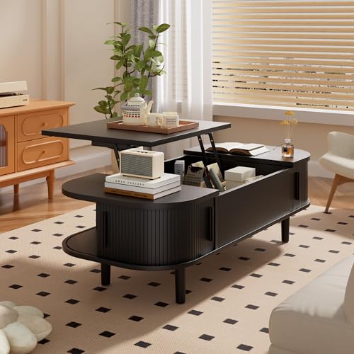 PURFINO Mesa de Centro con Tapa Elevable – Mesa Central Moderna de Madera con Puerta Corredera y Almacenamiento Oculto, para Salón, Espacios Pequeños, Oficina en Casa