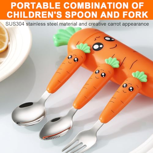Image of Supvox Spoon and Fork Set with Case, Fork and Serrated Puree Spoon, Cute Cartoon Carrot Handle Design, with Carrot-Shape Storage Case
