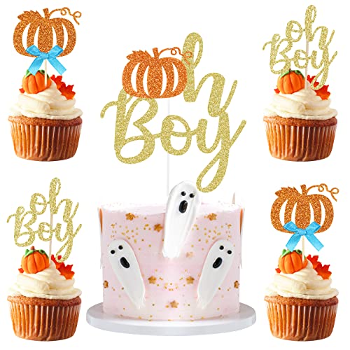 Oh Boy Pumpkin Cake Topper And Oh Boy Pumpkin Cupcake Toppers For Fall Baby Shower Decorations Boy, Halloween Thanksgiving Pumpkin Baby Shower Cake Toppers - 25Pcs #TOP1