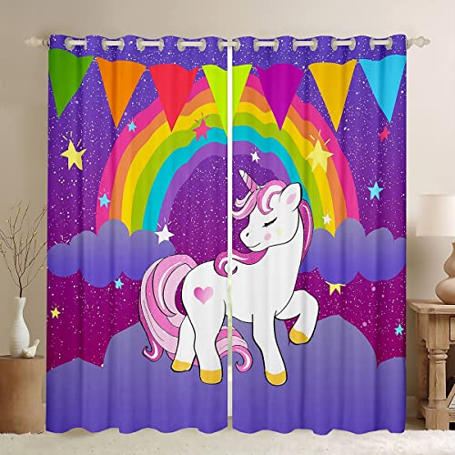 Girls Unicorn Curtain Girls Window Curtains Cute Rainbow Unicorn Print Curtain Kids Cartoon Kawaii Window Curtains Galaxy Stars Fantasy Girls Room Decor Children Unicorn Purple 76