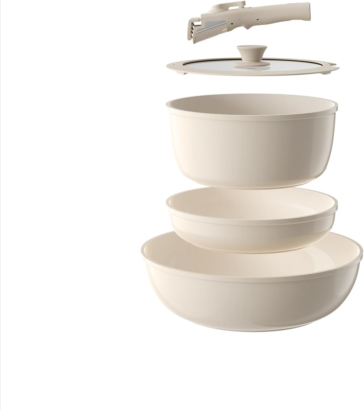 Pots and Pans Set Non Stick, Ceramic Cookware Set Detachable Handle, RV Camping Kitchen Cooking Set Removable Handles, Dishwasher/Oven/Fridge Safe, Induction, Space Saving，Cream White