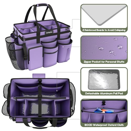 Image of Rolling Cleaning Caddy Bag with Detachable Trolley, Cleaning Supplies Organizer Cart on Wheels, Cleaning Supply Caddy for Housekeepers (Purple, 11.5 inch Dx15.7 Wx13 H)