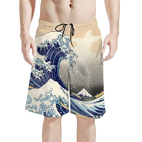 GLUDEAR Men's Swim Trunks Quick Dry 3D Print Beach Shorts Swimwear with Pockets Mesh Lining,Great Wave Off Kanagawa,XXXL
