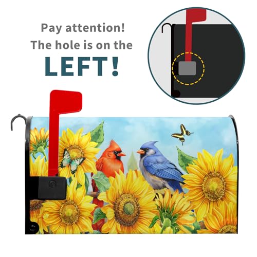 Image of Welcome Spring Summer Cardinal Sunflower Mailbox Cover Magnetic Standard Size 21 inch x 18 inch Summer Floral Flower Birds Rustic Decorative Mailbox Covers Magnetic Post Letter Box Wrap Cover Outdoor Decor