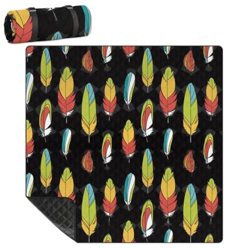 Shimoshe Extra Large Picnic Blankets 79”x 79”, Ethnic Feathers Waterproof Foldable Picnic Mat with Straps Portable Beach Blanket for Camping Park Grass Beach Indoor