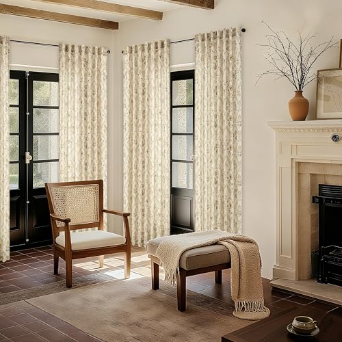 Image of Tan Brown Floral Linen Curtains 84 Inch Length for Living Room 2 Panels | Semi Sheer, Summer, Farmhouse, Back Tab, Patterned Flower on Beige, Boho, Vintage, Rustic Botanical Window Drapes