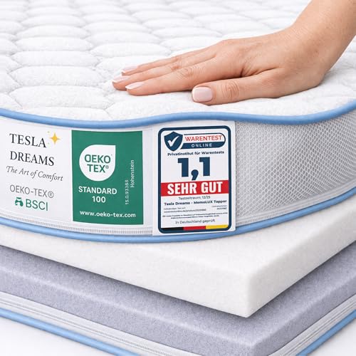 Tesla Dreams MemoLUX Premium Topper 180x200 cm – 12 cm Visco-Memoryschaum + Komfortschaum – druckentlastend & ergonomisch – atmungsaktiv – ÖKO-TEX Zertifiziert – Abnehmbarer & waschbarer Bezug