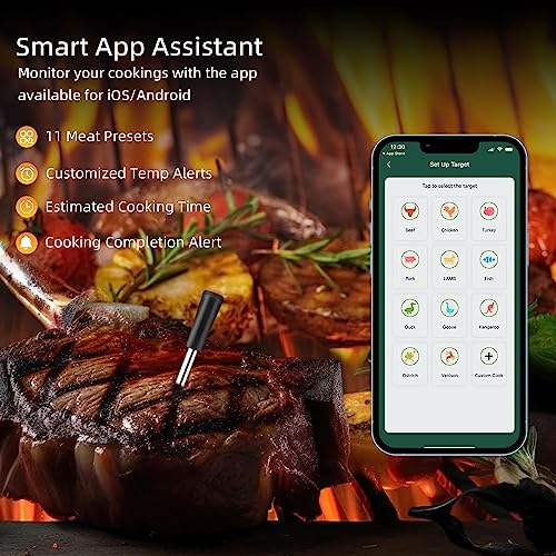 Grillthermometer Kabellos Smarte Fleischthermometer Funk Bratenthermometer für BBQ, Grill, Ofen, Backen, Drehspieß, Fernbedienung über Bluetooth 5.2 mit der Smart App,... – Bild 2