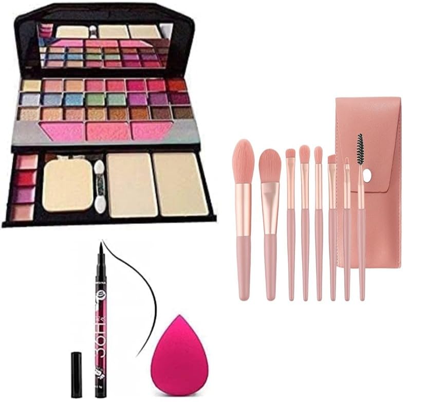 Women’s & Girl’s Tya 6155 Multicolour Makeup Kit and 8 Pink Makeup Brushes Set, 36H Waterproof Eyeliner Pencil with Pink Beauty Blender – (Pack of 10)