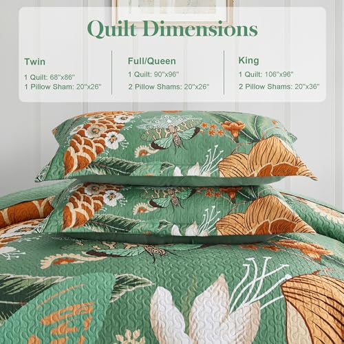 Image of Tyrot 3 Piece Sage Green Boho Floral King Size Quilt Sets Farmhouse Botanical Reversible Lightweight Bedspread Coverlet with 2 Shams Butterfly Microfiber Bedding Quilts Set for All Season, 106''x96''