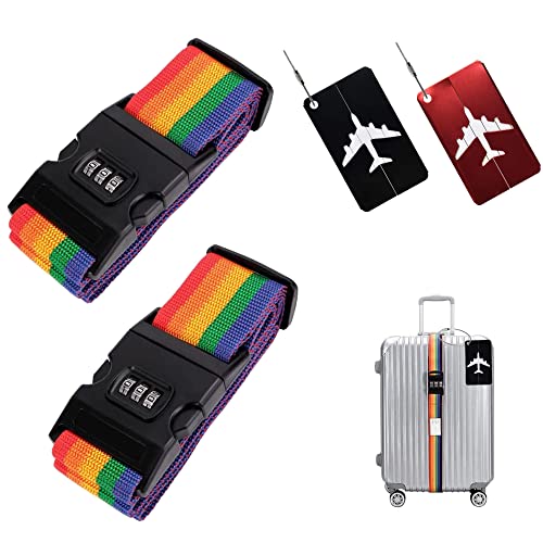 2 Pièces Sangles de Bagage réglables avec Boucle Sangle Bagage de Voyage+ 2 Pièces étiquettes de Bagage pour Les Voyages en Famille et Les Voyages d'affaires, a vec Verrouillage à 3 Chiffres, 5*200cm Cover