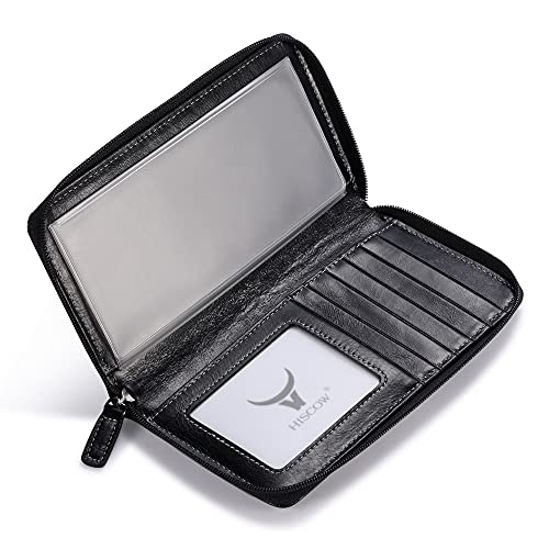Image of HISCOW Leather Checkbook Cover, Zippered Wallet, Antiqued Black | Full grain cowhide, 5cc & ID window, personal check book & register pockets, removable duplicate divider, women secure zipper