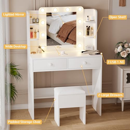 Image of Haewon Makeup Vanity Desk with Lighted Mirror and Chair Set, White