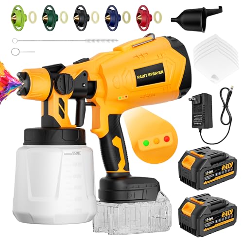 Paint Sprayer, 650W High Power Cordless Paint Gun with 2x5200mAh Battery, 5 Nozzles, 3 Spray Modes, Adjustable Flow Control, Paint Sprayer for House Painting, Furniture, Fence, Wall, Cabinet