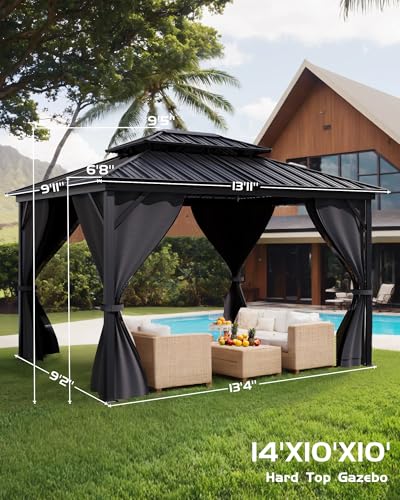 Hardtop Gazebo 10'x14' for All Weather, with Double Metal Roof, Aluminum Alloy Frame, Net, and Curtain, Permanent Building for Patio, Deck, Backyard, Lawn, and Garden, Gray