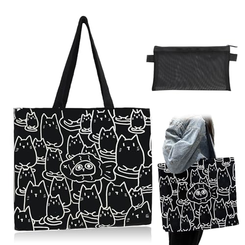 FloraMolly Borsa shopper donna, grande capacità elegante fish cat tote bag con zip leisure canvas shopping bags per la spiaggia di lavoro scolastico, con borsa a rete nera