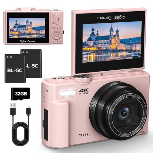 4K Digitalkamera 64MP Kompaktkamera Fotokamera mit Flip Screen Autofokus Vlogging Fotoapparat für einsteiger 16X Digitalzoom mit 32GB Karte 2 Batterien pink