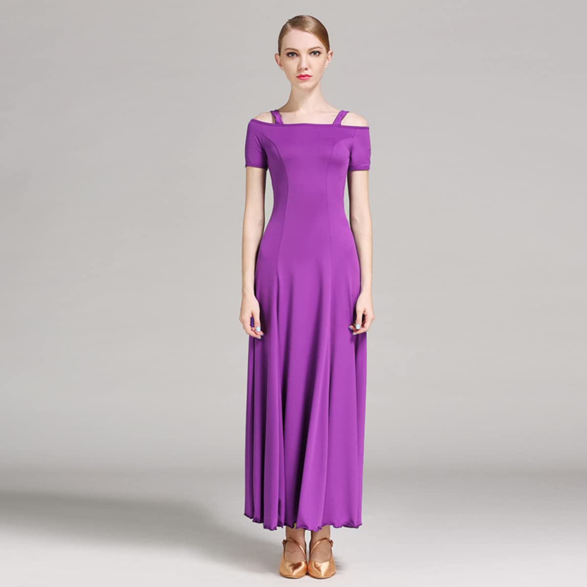 Kobieta? moda seksowna sukienka na ramię solidna długa sukienka na imprezę elegancka sukienka nowoczesna walc ubrania do tańca balowego taniec duża spódnica swingowa odzież performance (XXL, fioletowy)