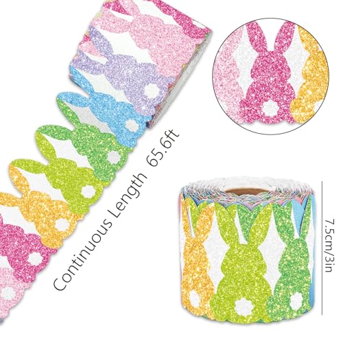 Image of Whaline 65.6ft Easter Bulletin Board Border Glitter Colorful Bunny Rabbit Shaped Die-Cut Border Trim for Spring Classroom Home Office Wall Chalkboard Decoration