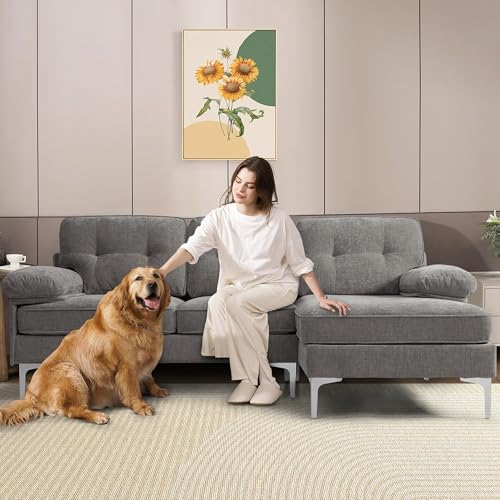 DUANDUAN Ecksofa 3-Sitzer Sofas 210cm breit Polsterecke mit Federkern Kissen und Rückenlehnen abnehmbar und waschbar - Chaiselongue beidseitig montierbar Couch L-Form fürs Wohnzimmer (Grau)
