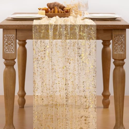 Image of Beige Gold Glitter Table Runner Sheer Gauze Foil Table Runner 120 Inch