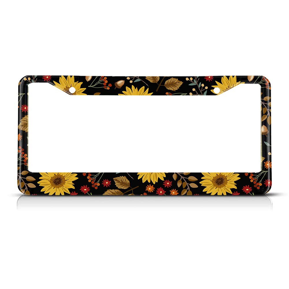 Beabes Autumn Sunflowers License Plate Frame Vintage Floral License Plate Holder Maple Leaves Daisy Car Tag Frame License Plate Car Accessories 2