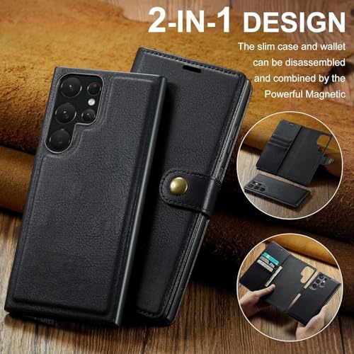 Image of Scalebee BackCover for Samsung Galaxy S23 Ultra Magnetic Detachable 2 in 1 Split Leather Wallet Phone Cover,Genuine Leather Wallet Case,Magnetic Pouch Shell (Black)