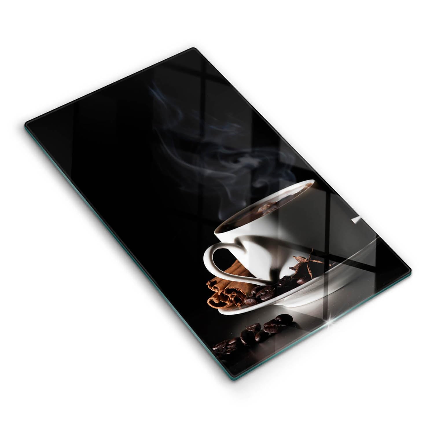 Plaque de cuisson induction protégée par une planche décorative au motif café chaud